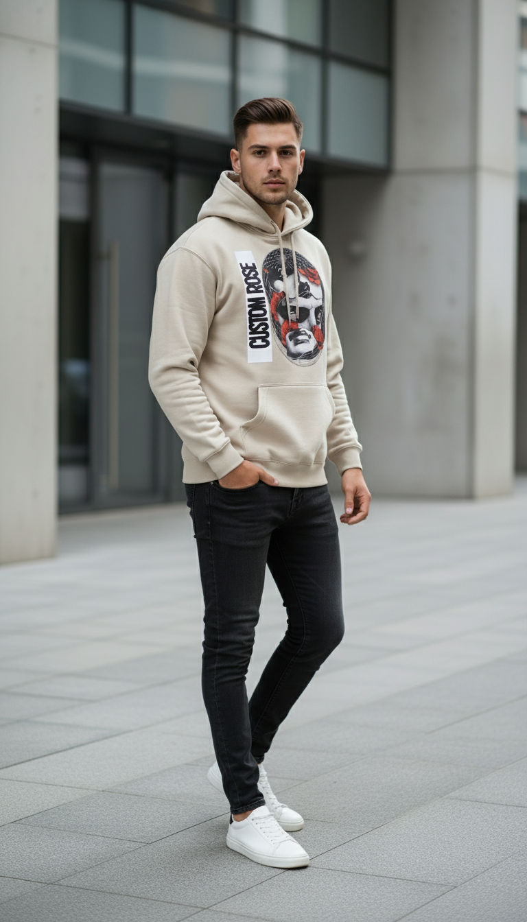 Stone Gray Heavyweight Hoodie With Graphic Designs