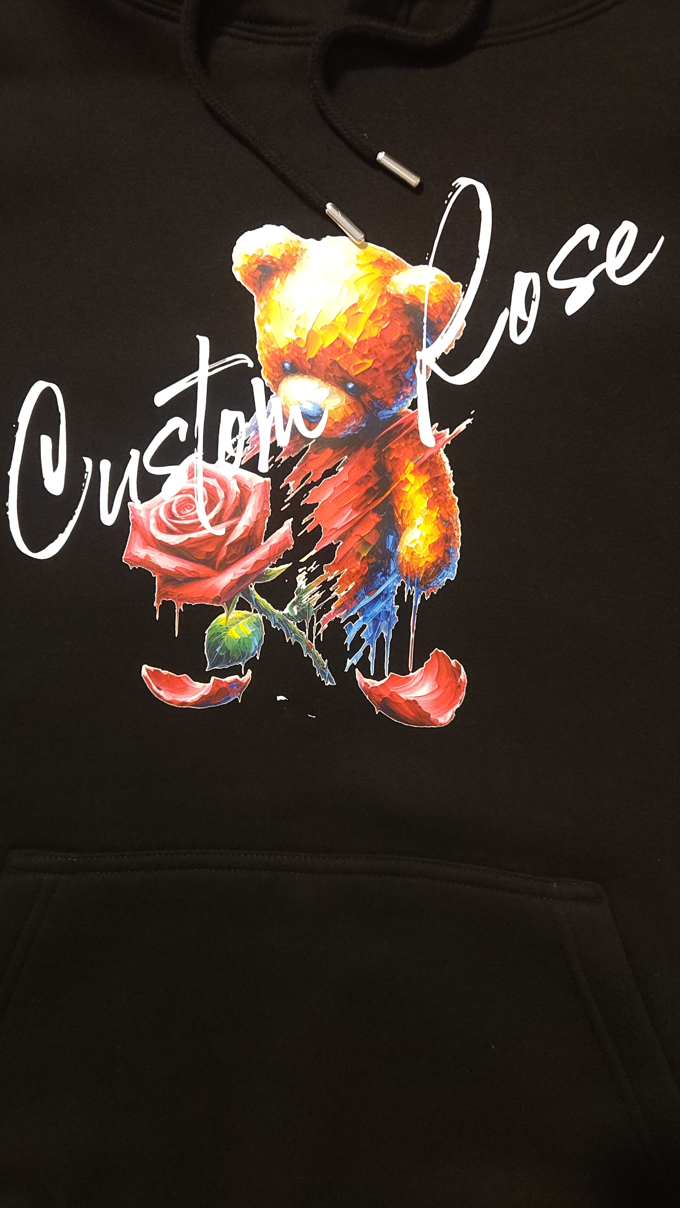 Black Heavyweight Hoodie With Teddy Bear Fading Into A Rose