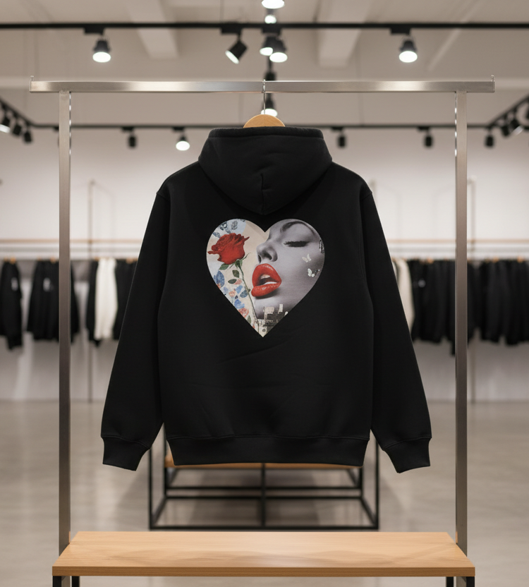 Black Heavyweight Hoodie With Heart Shape Design On The Back