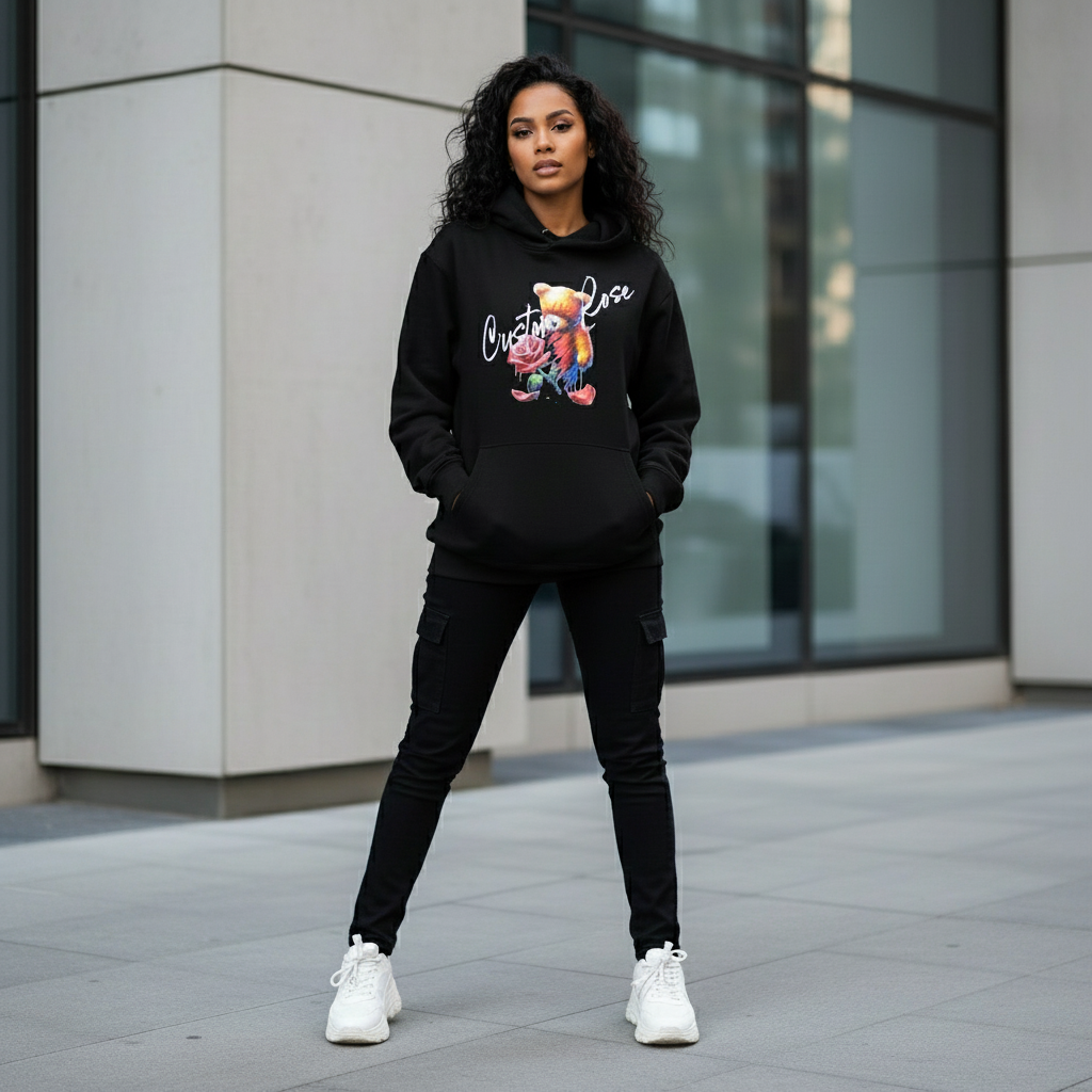 Black Heavyweight Hoodie With Teddy Bear Fading Into A Rose