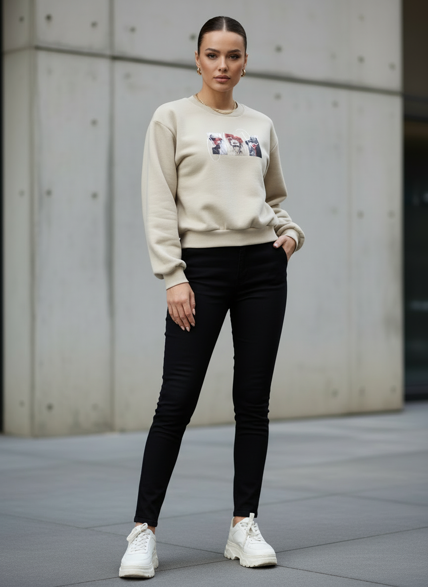 Beige Waistline Cropped With Graphic in Front